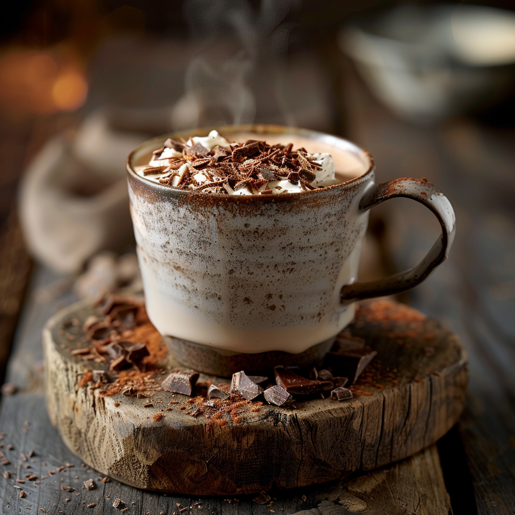 Luxurious cup of artisan hot chocolate with chocolate shavings and steam